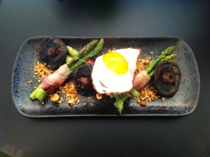 Proscuitto, asparagus, duck egg, mushrooms and halznuts 